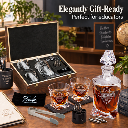 Education Company Gifts – Twisted Decanter Set with 2 Glasses, 6 Whiskey Bullets & Wooden Box – image 12