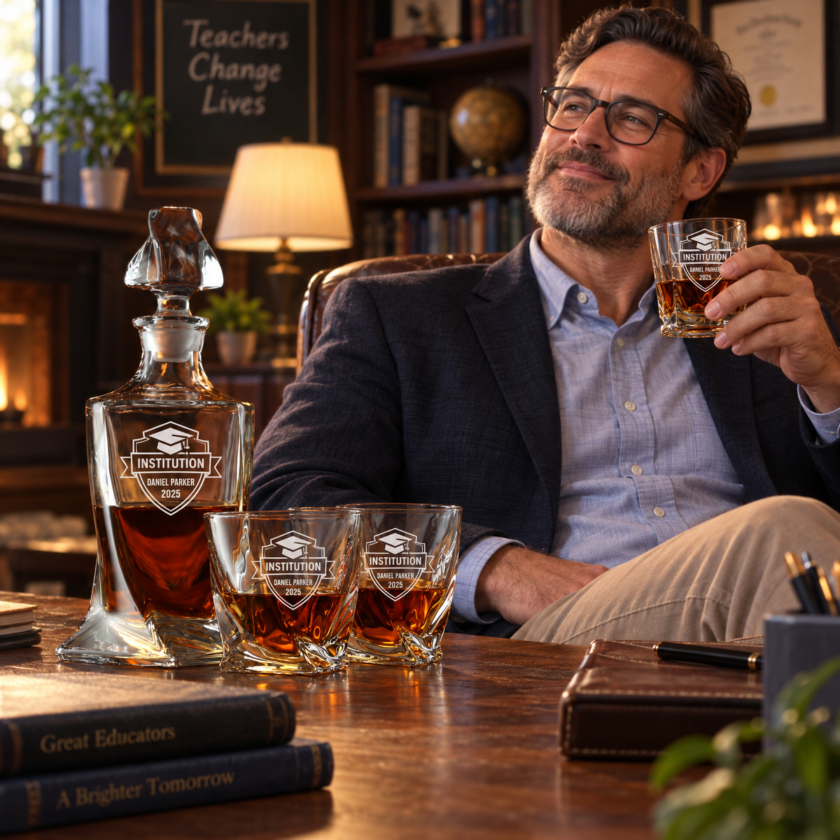 Education Company Gifts – Twisted Decanter Set with 2 Glasses, 6 Whiskey Bullets & Wooden Box – image 13
