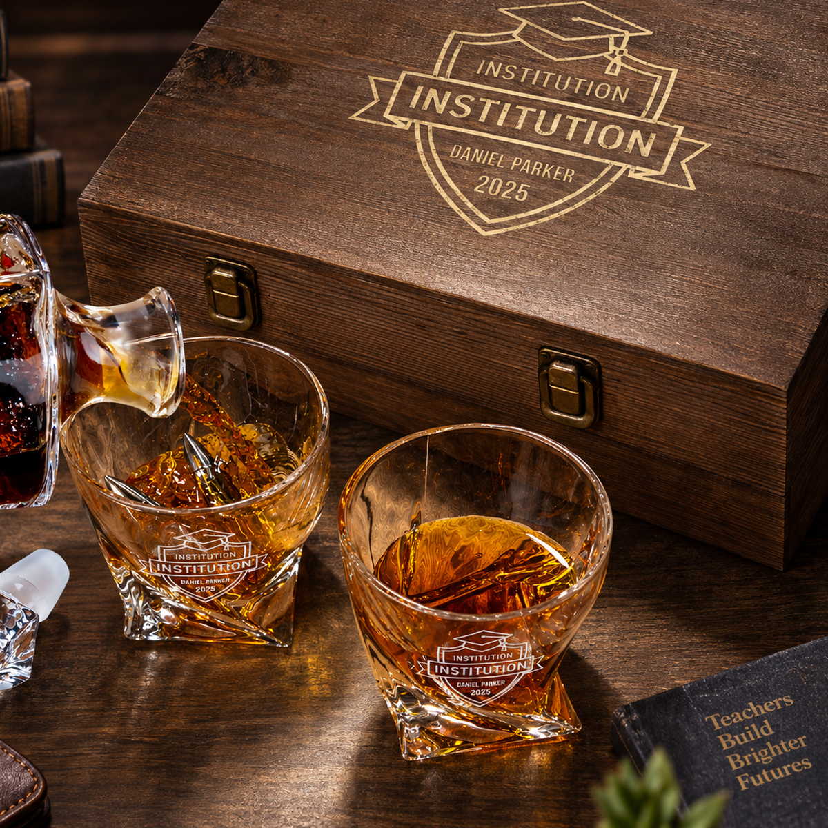 Education Company Gifts – Twisted Decanter Set with 2 Glasses, 6 Whiskey Bullets & Wooden Box product image