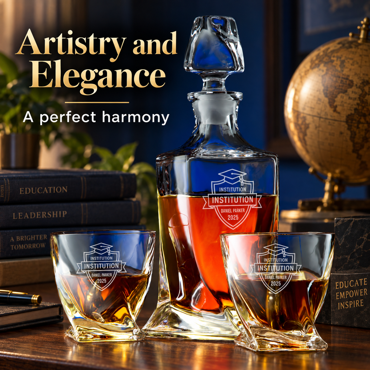 Education Company Gifts – Twisted Decanter Set with 2 Glasses, 6 Whiskey Bullets & Wooden Box product image