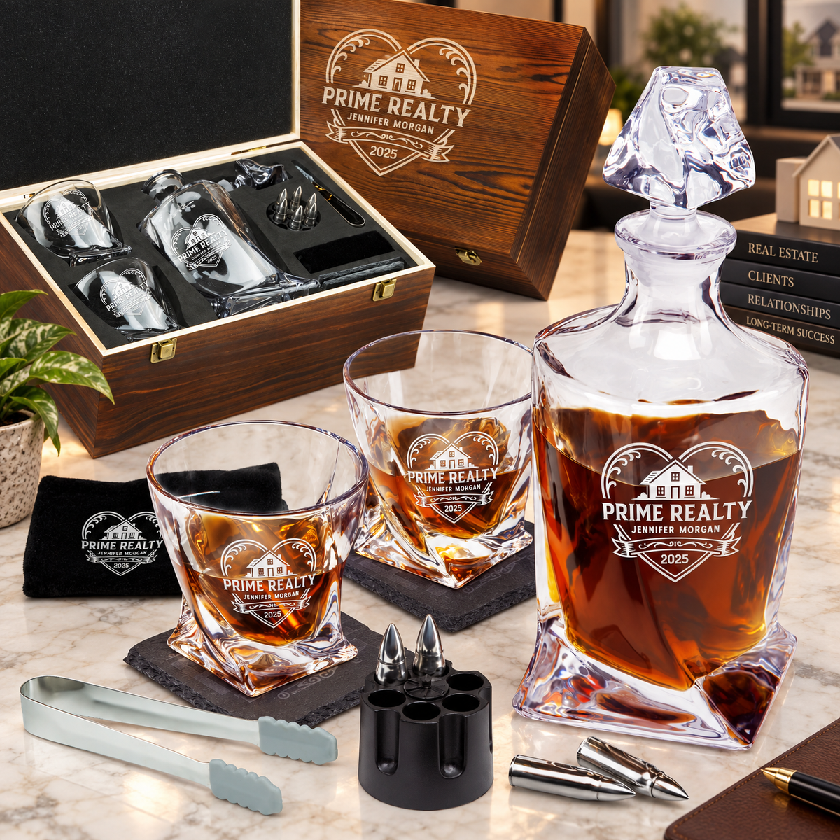Real Estate Company Gifts – Twisted Decanter Set with 2 Glasses, 6 Whiskey Bullets & Wooden Box – image 01