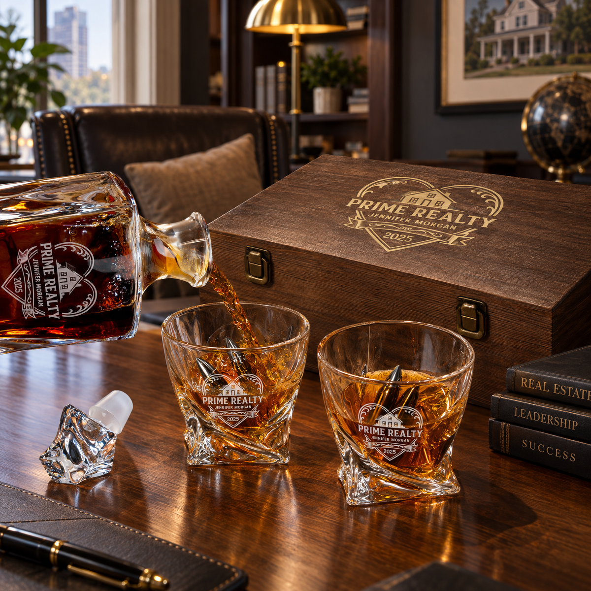 Real Estate Company Gifts – Twisted Decanter Set with 2 Glasses, 6 Whiskey Bullets & Wooden Box product image