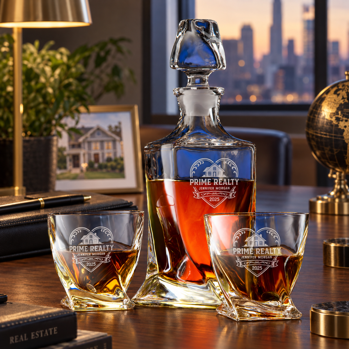 Real Estate Company Gifts – Twisted Decanter Set with 2 Glasses, 6 Whiskey Bullets & Wooden Box product image