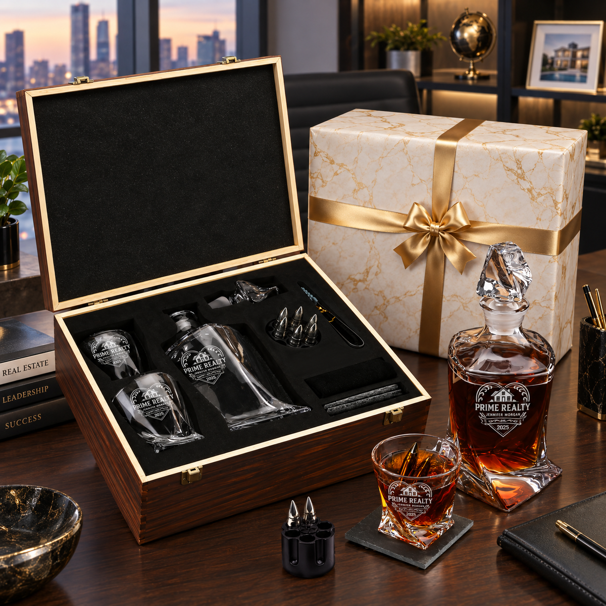 Real Estate Company Gifts – Twisted Decanter Set with 2 Glasses, 6 Whiskey Bullets & Wooden Box – image 08