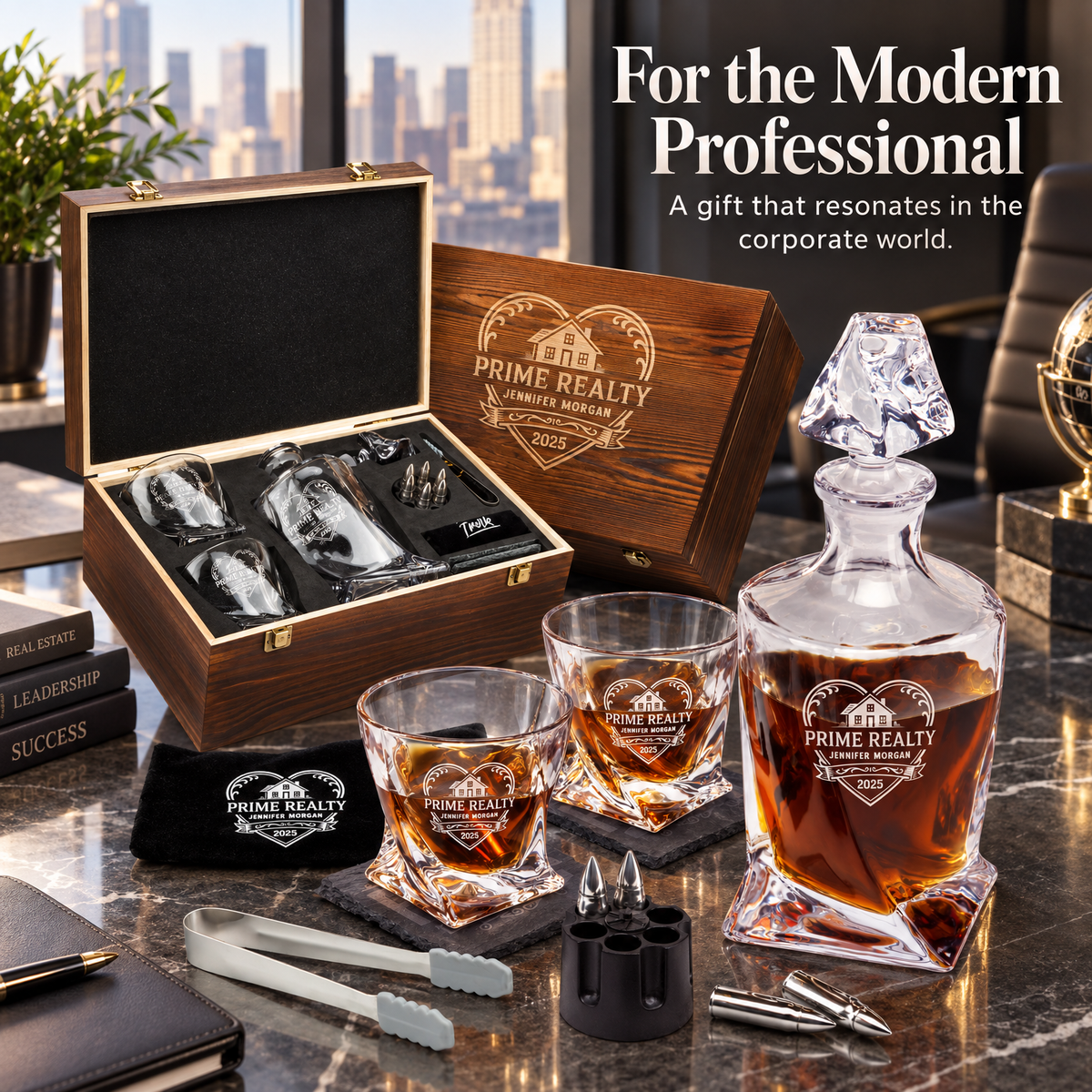 Real Estate Company Gifts – Twisted Decanter Set with 2 Glasses, 6 Whiskey Bullets & Wooden Box product image