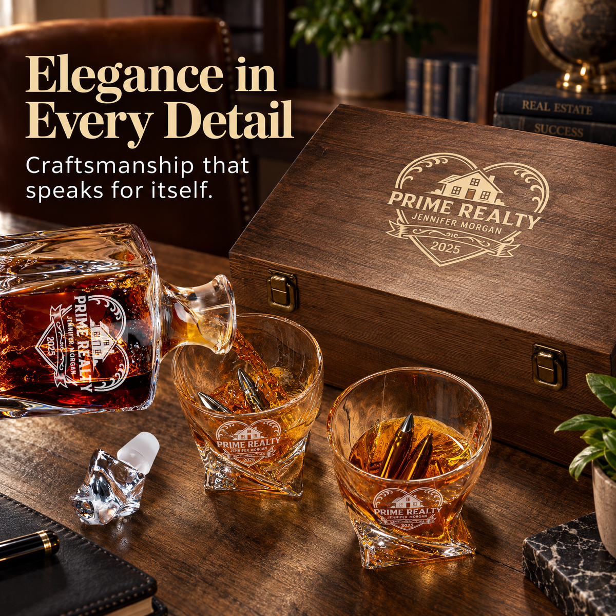 Real Estate Company Gifts – Twisted Decanter Set with 2 Glasses, 6 Whiskey Bullets & Wooden Box product image