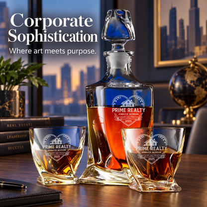 Real Estate Company Gifts – Twisted Decanter Set with 2 Glasses, 6 Whiskey Bullets & Wooden Box – image 16