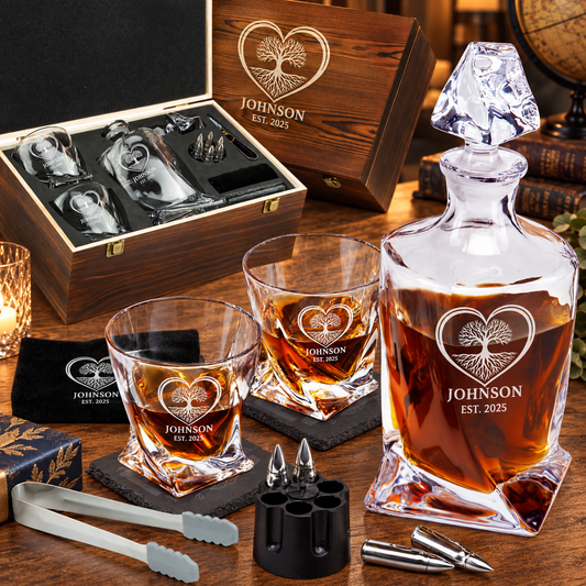 Family Gift – Twisted Decanter Set with 2 Glasses, 6 Whiskey Bullets & Wooden Box – image 01