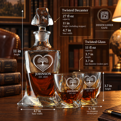 Family Gift – Twisted Decanter Set with 2 Glasses, 6 Whiskey Bullets & Wooden Box – image 02
