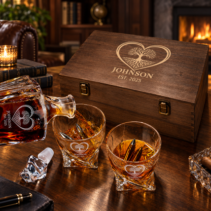 Family Gift – Twisted Decanter Set with 2 Glasses, 6 Whiskey Bullets & Wooden Box – image 04