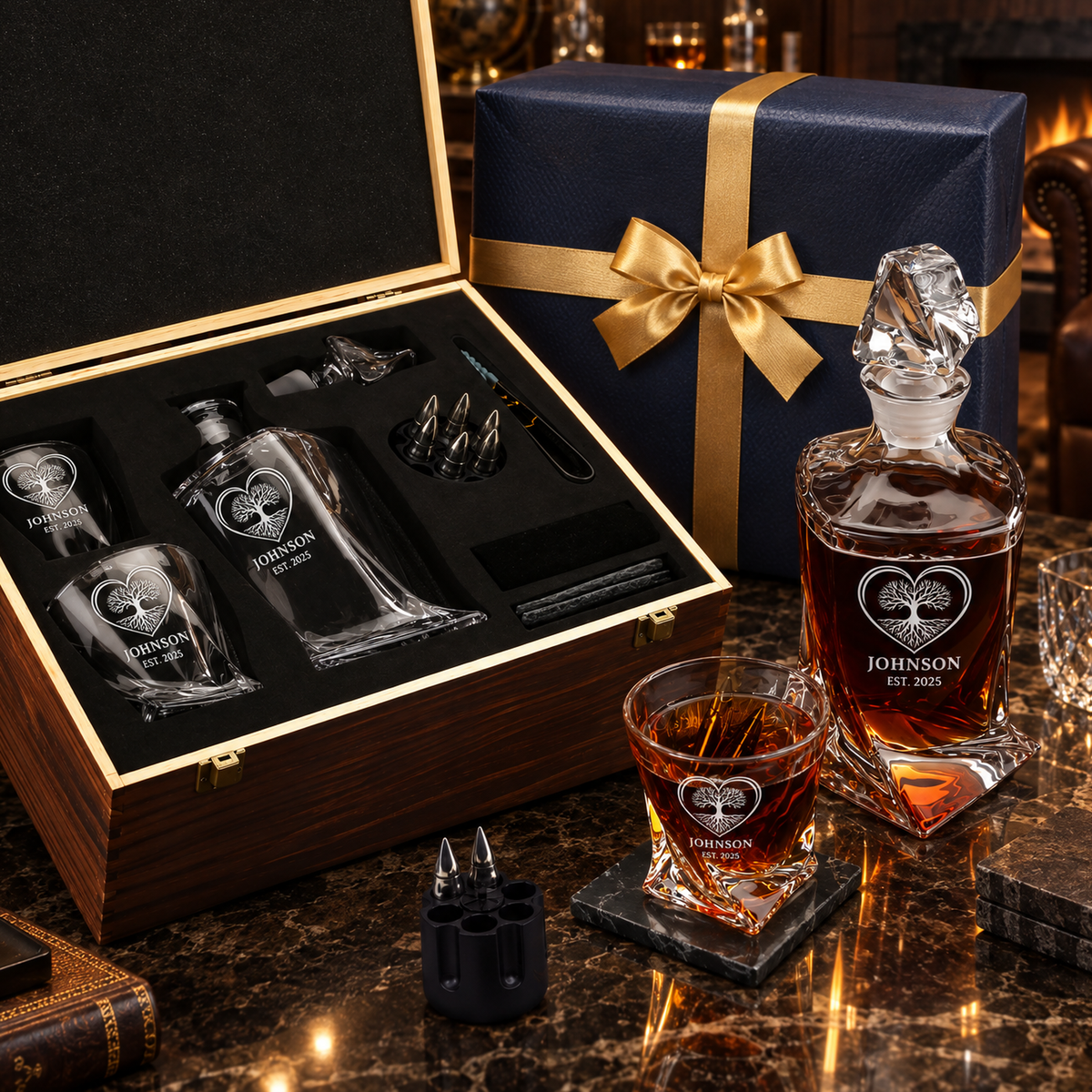 Family Gift – Twisted Decanter Set with 2 Glasses, 6 Whiskey Bullets & Wooden Box product image
