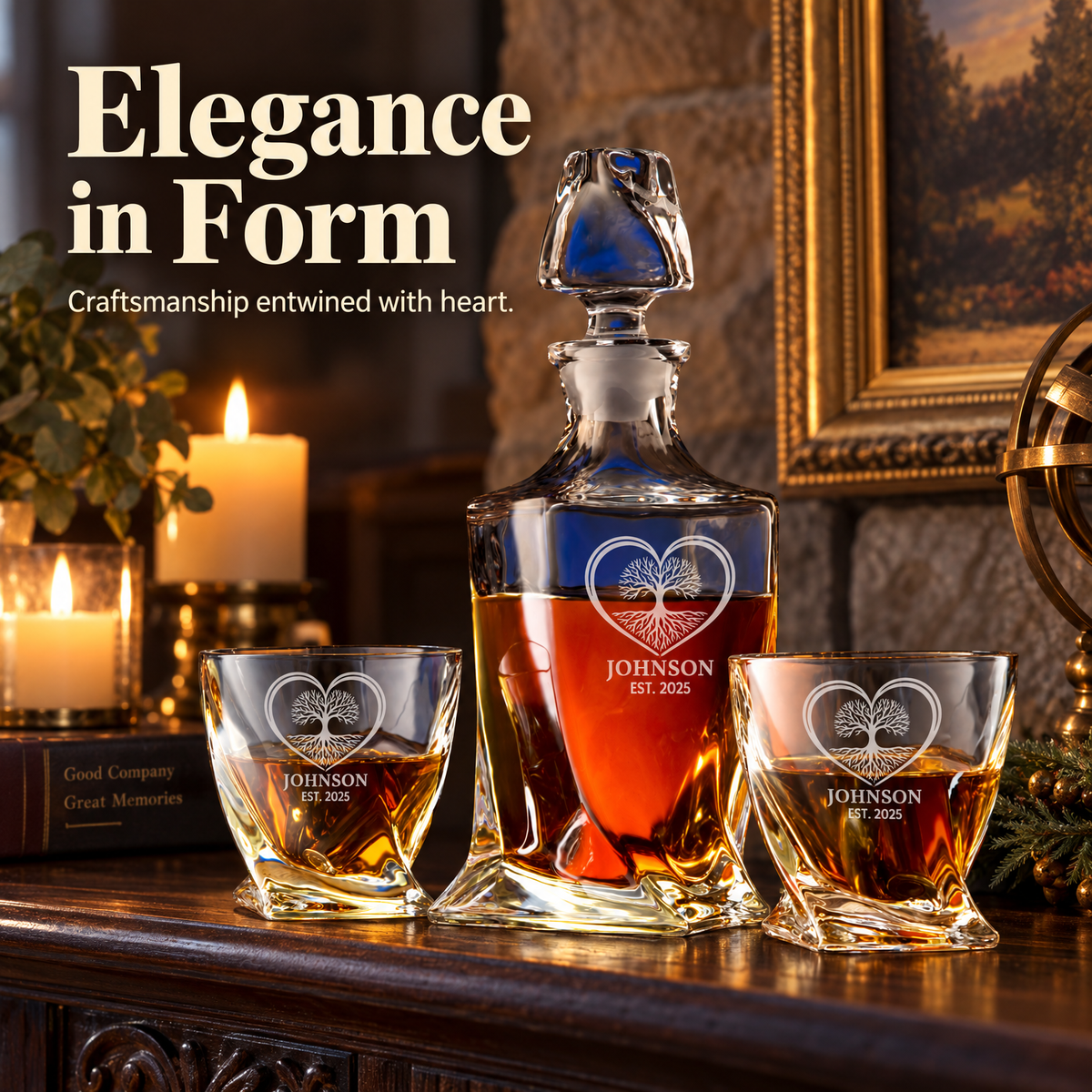 Family Gift – Twisted Decanter Set with 2 Glasses, 6 Whiskey Bullets & Wooden Box product image