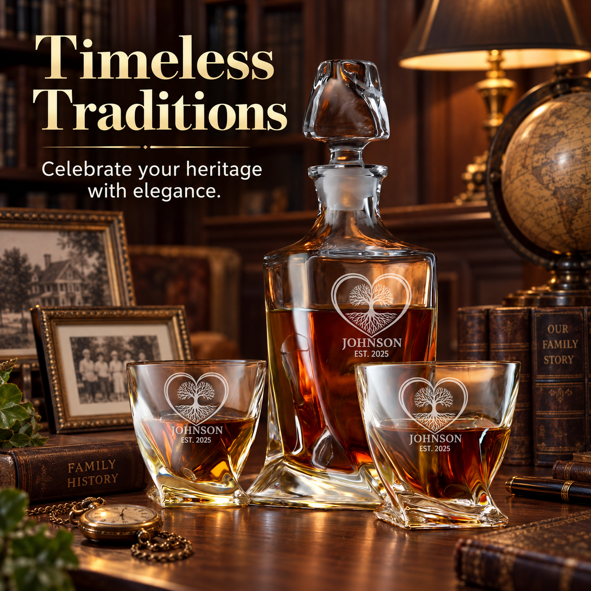 Family Gift – Twisted Decanter Set with 2 Glasses, 6 Whiskey Bullets & Wooden Box product image