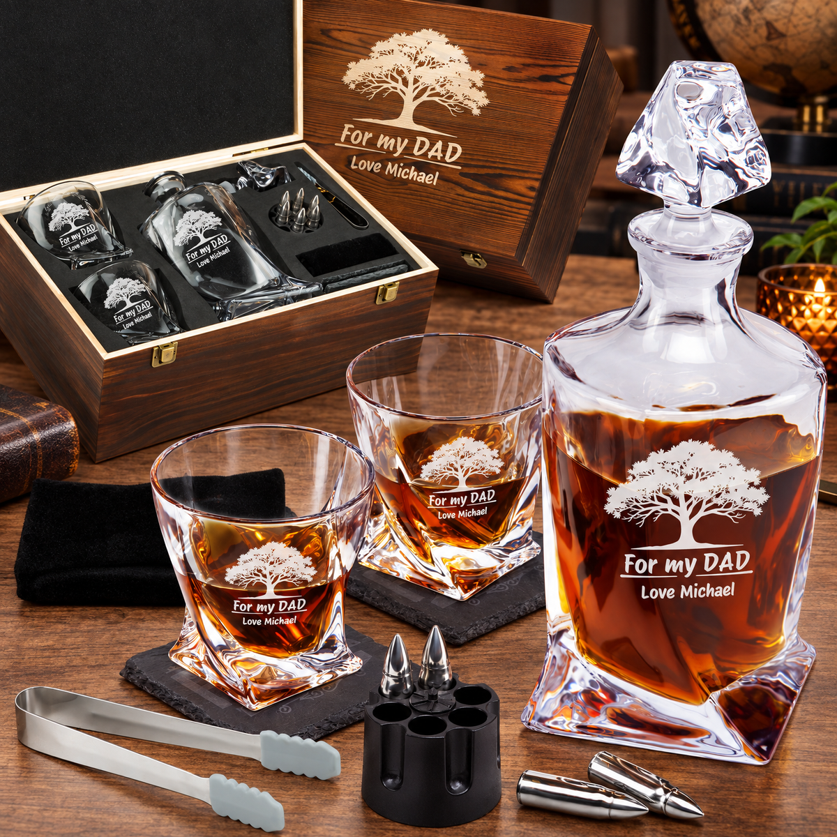 Gift for Father – Twisted Decanter Set with 2 Glasses, 6 Whiskey Bullets & Wooden Box product image