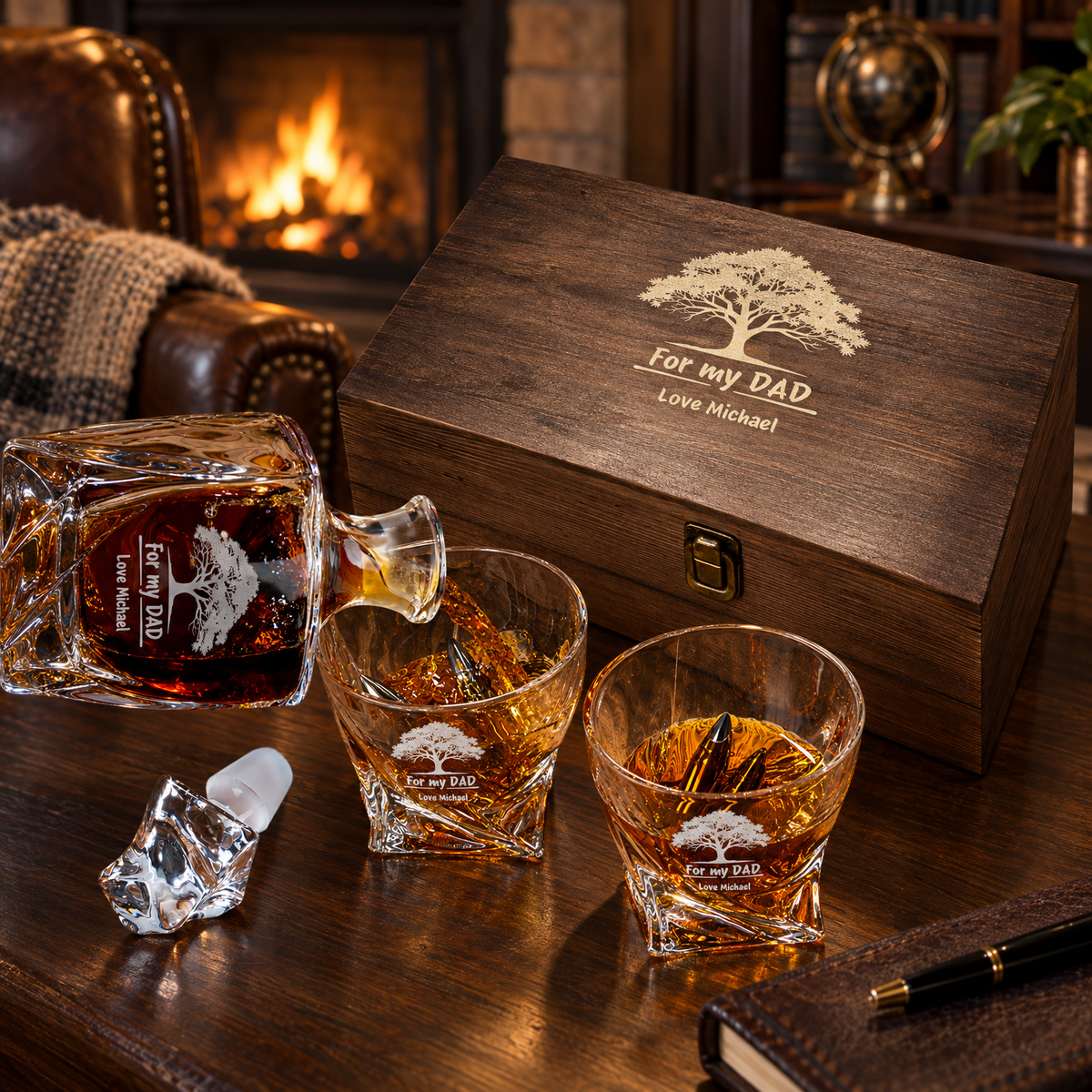 Gift for Father – Twisted Decanter Set with 2 Glasses, 6 Whiskey Bullets & Wooden Box – image 04