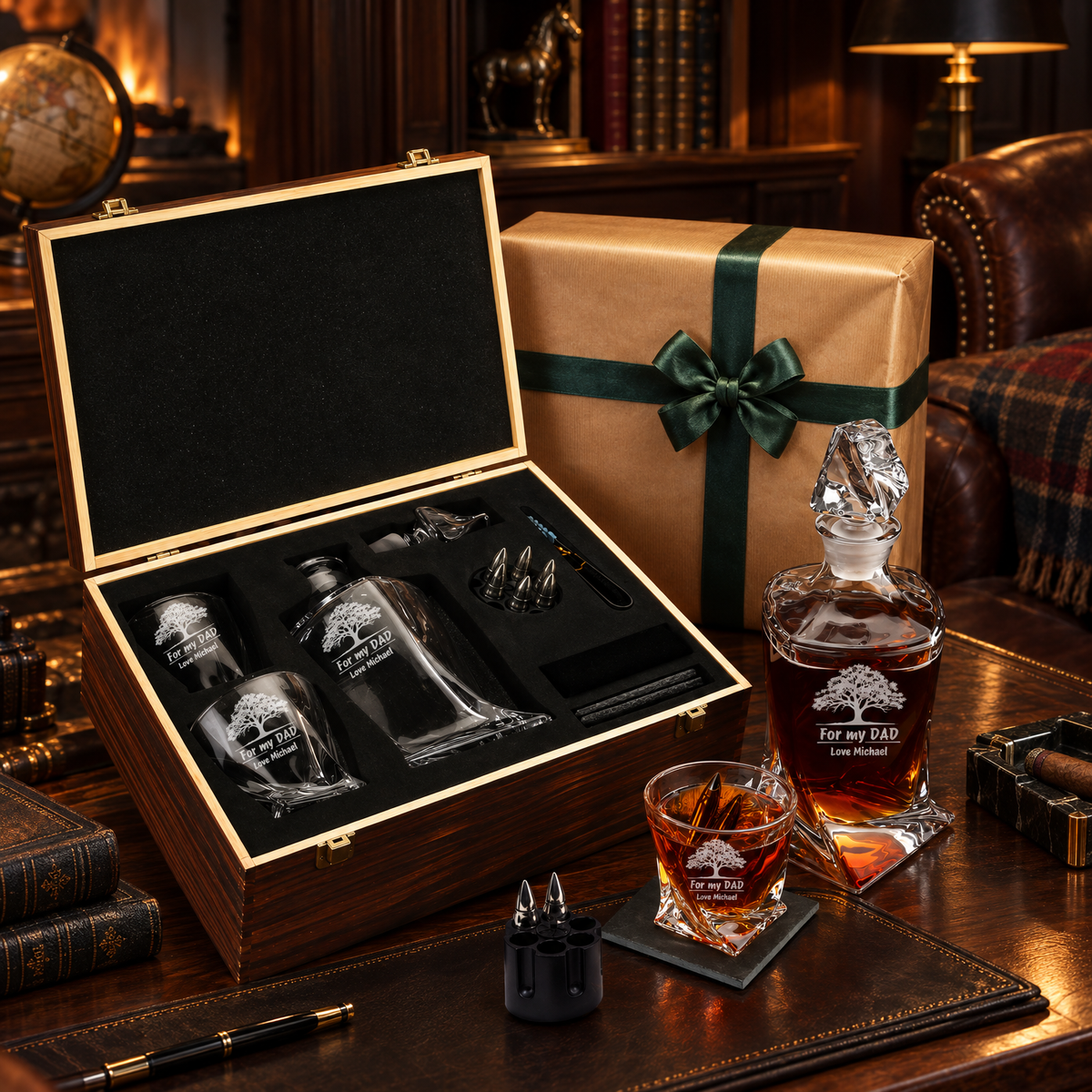 Gift for Father – Twisted Decanter Set with 2 Glasses, 6 Whiskey Bullets & Wooden Box product image