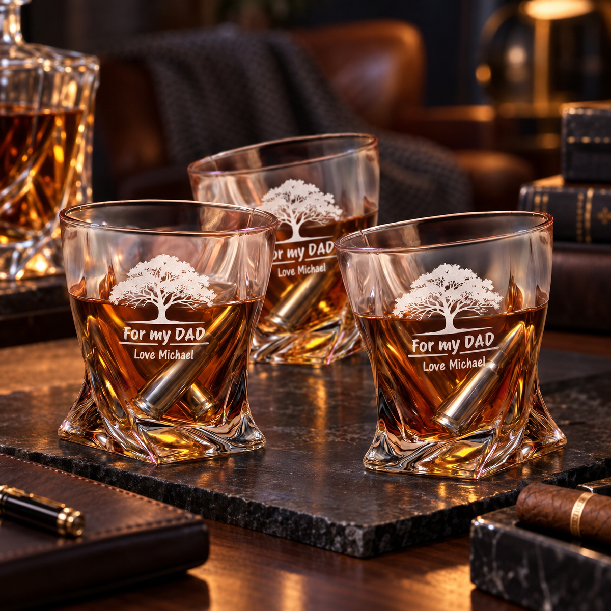 Gift for Father – Twisted Decanter Set with 2 Glasses, 6 Whiskey Bullets & Wooden Box product image