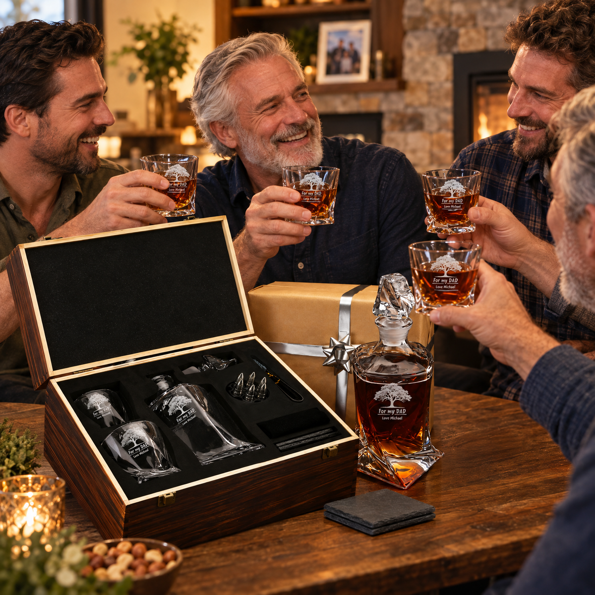Gift for Father – Twisted Decanter Set with 2 Glasses, 6 Whiskey Bullets & Wooden Box product image