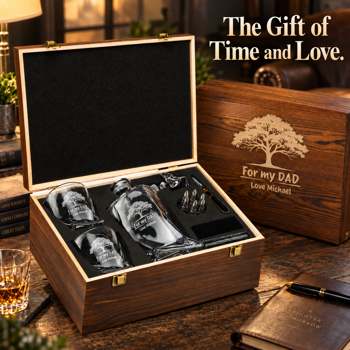 Gift for Father – Twisted Decanter Set with 2 Glasses, 6 Whiskey Bullets & Wooden Box product image