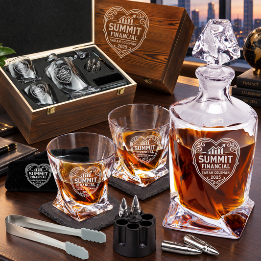 Finance Company Gifts – Twisted Decanter Set with 2 Glasses, 6 Whiskey Bullets & Wooden Box – image 01