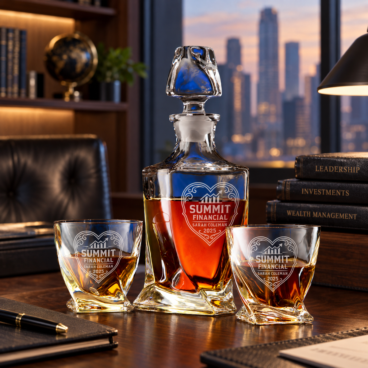 Finance Company Gifts – Twisted Decanter Set with 2 Glasses, 6 Whiskey Bullets & Wooden Box – image 06