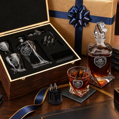 Finance Company Gifts – Twisted Decanter Set with 2 Glasses, 6 Whiskey Bullets & Wooden Box – image 08