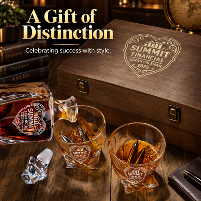 Finance Company Gifts – Twisted Decanter Set with 2 Glasses, 6 Whiskey Bullets & Wooden Box – image 14