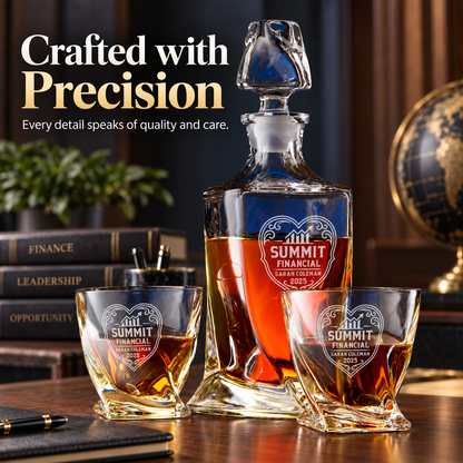 Finance Company Gifts – Twisted Decanter Set with 2 Glasses, 6 Whiskey Bullets & Wooden Box – image 16