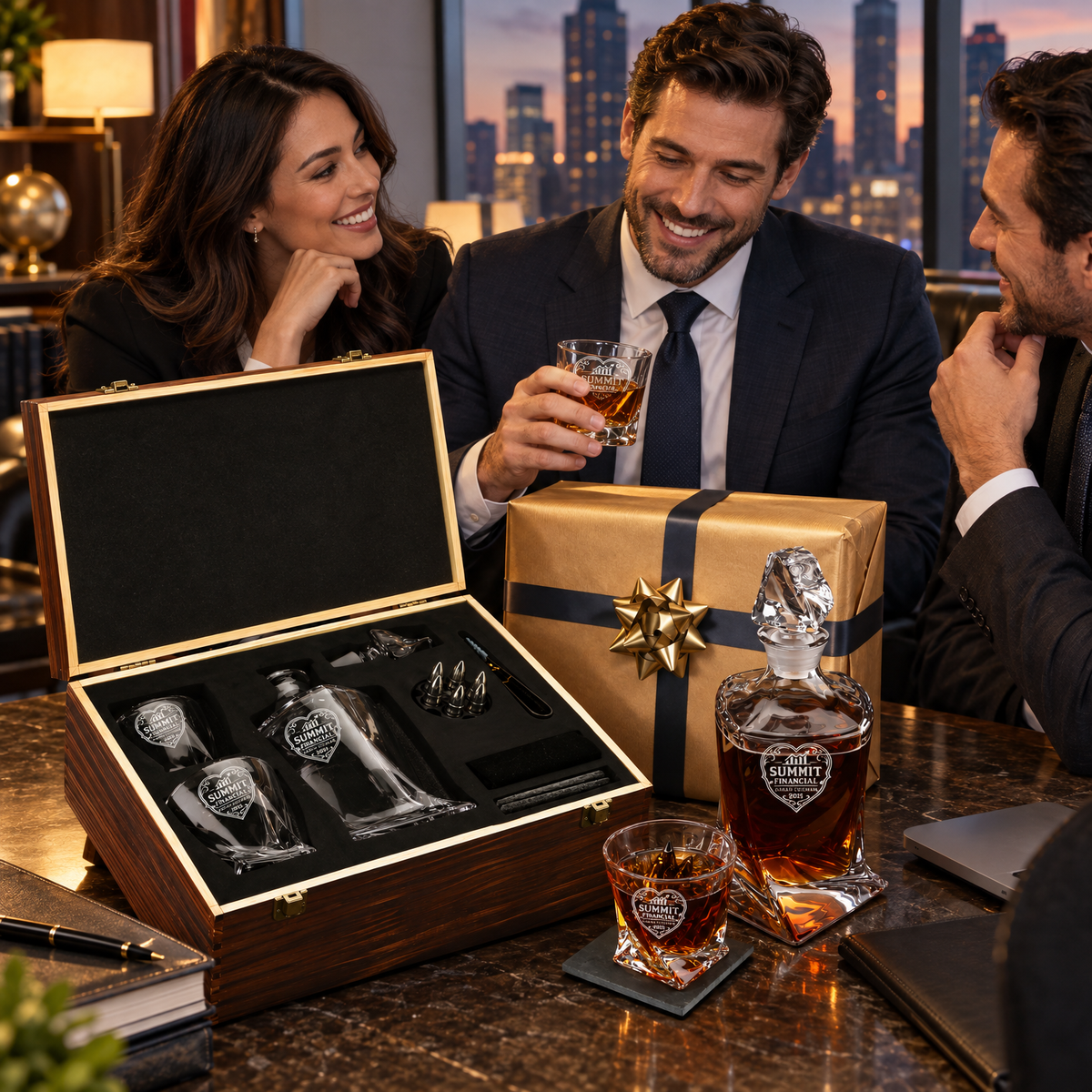 Finance Company Gifts – Twisted Decanter Set with 2 Glasses, 6 Whiskey Bullets & Wooden Box product image