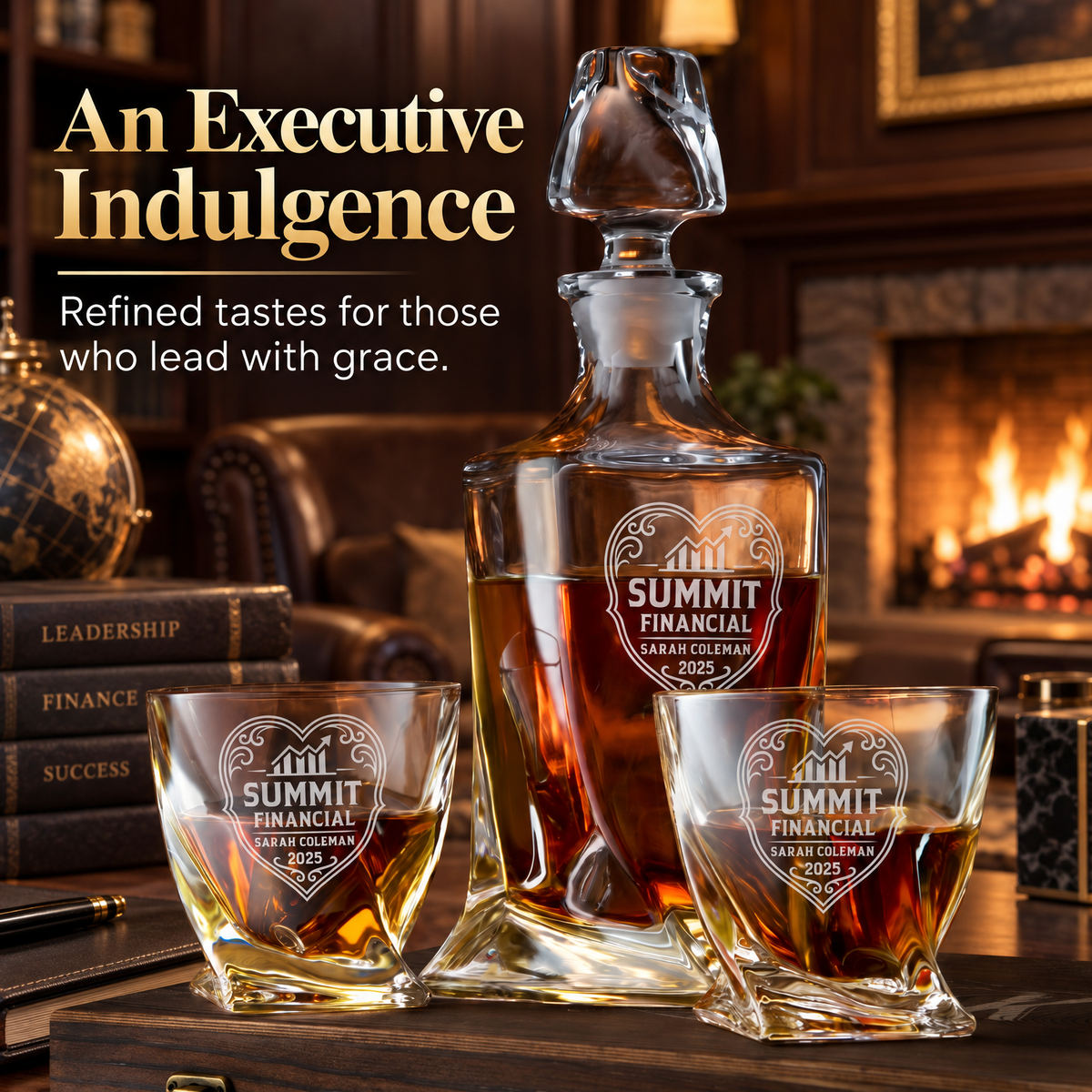 Finance Company Gifts – Twisted Decanter Set with 2 Glasses, 6 Whiskey Bullets & Wooden Box product image