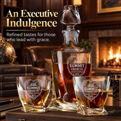 Finance Company Gifts – Twisted Decanter Set with 2 Glasses, 6 Whiskey Bullets & Wooden Box – image 18