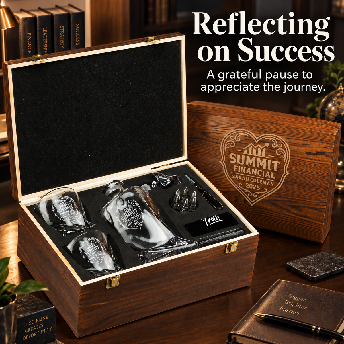 Finance Company Gifts – Twisted Decanter Set with 2 Glasses, 6 Whiskey Bullets & Wooden Box – image 20