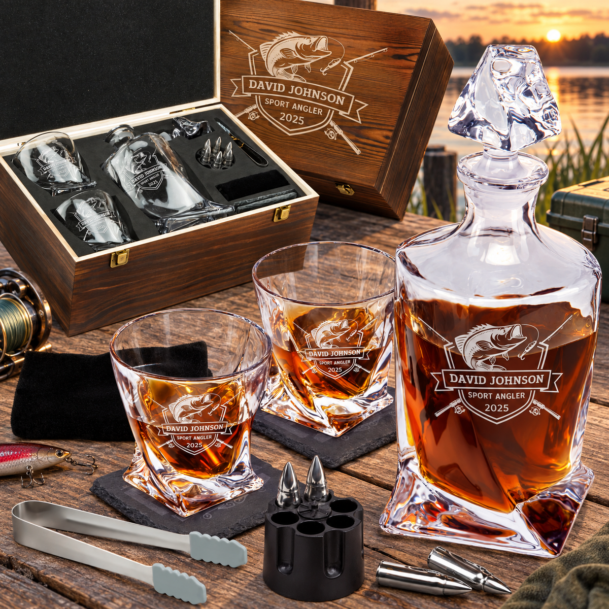 Gift for Fishermen – Twisted Decanter Set with 2 Glasses, 6 Whiskey Bullets & Wooden Box – image 01