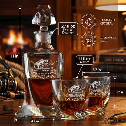 Gift for Fishermen – Twisted Decanter Set with 2 Glasses, 6 Whiskey Bullets & Wooden Box – image 02