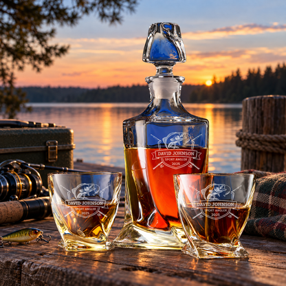 Gift for Fishermen – Twisted Decanter Set with 2 Glasses, 6 Whiskey Bullets & Wooden Box – image 06