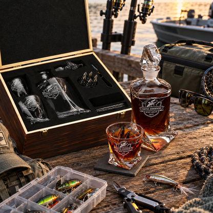 Gift for Fishermen – Twisted Decanter Set with 2 Glasses, 6 Whiskey Bullets & Wooden Box – image 08