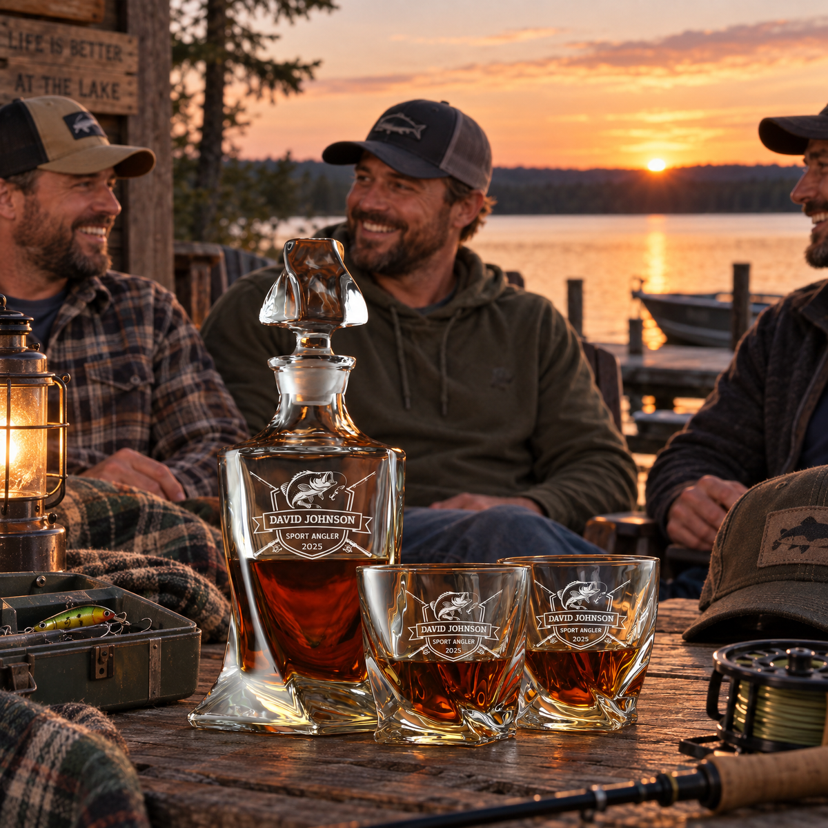 Gift for Fishermen – Twisted Decanter Set with 2 Glasses, 6 Whiskey Bullets & Wooden Box product image