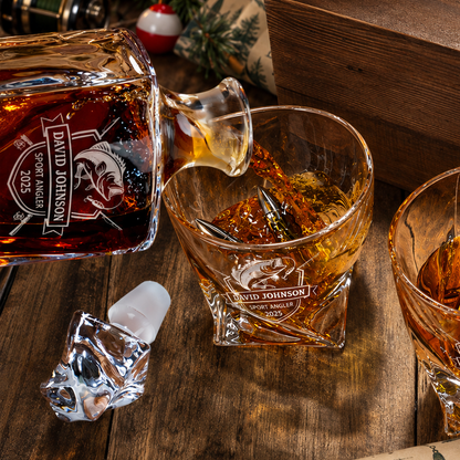 Gift for Fishermen – Twisted Decanter Set with 2 Glasses, 6 Whiskey Bullets & Wooden Box – image 14