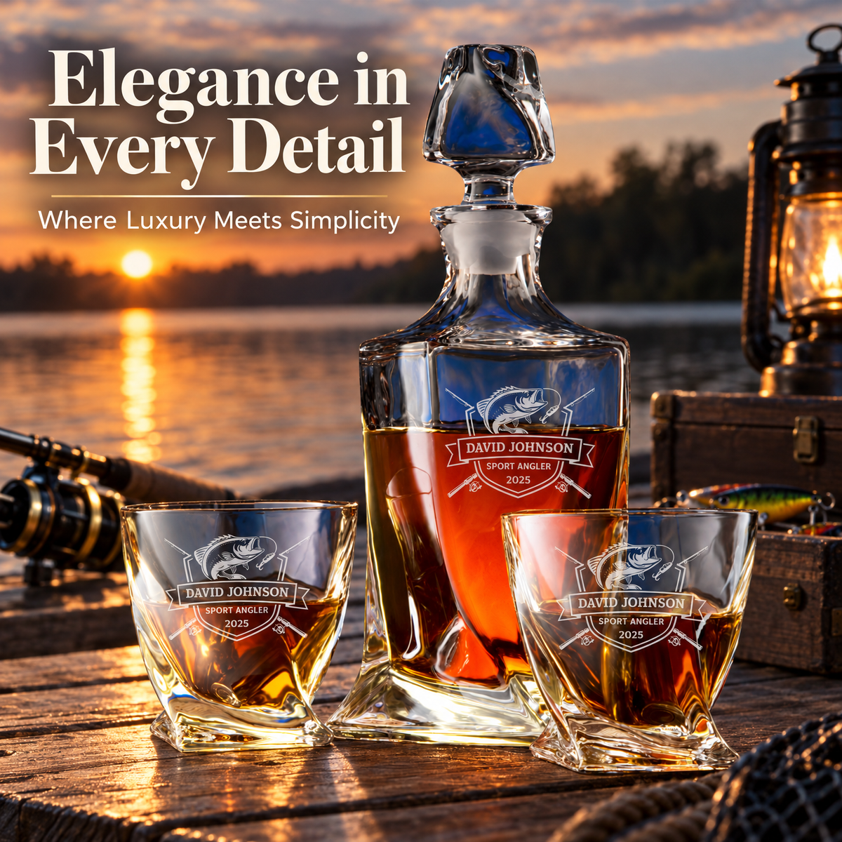 Gift for Fishermen – Twisted Decanter Set with 2 Glasses, 6 Whiskey Bullets & Wooden Box – image 16