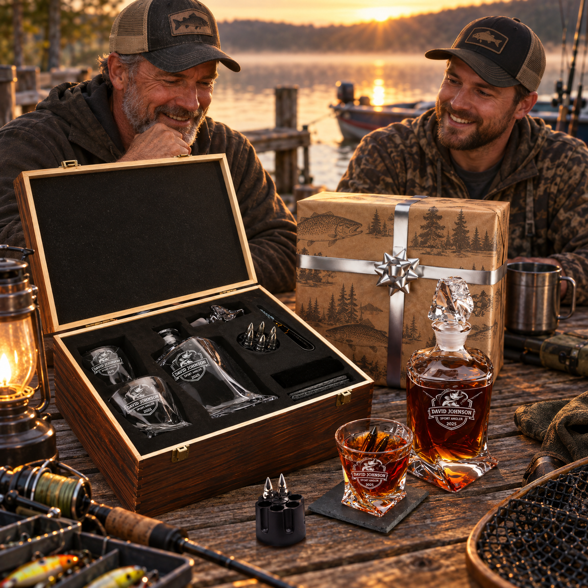 Gift for Fishermen – Twisted Decanter Set with 2 Glasses, 6 Whiskey Bullets & Wooden Box – image 17