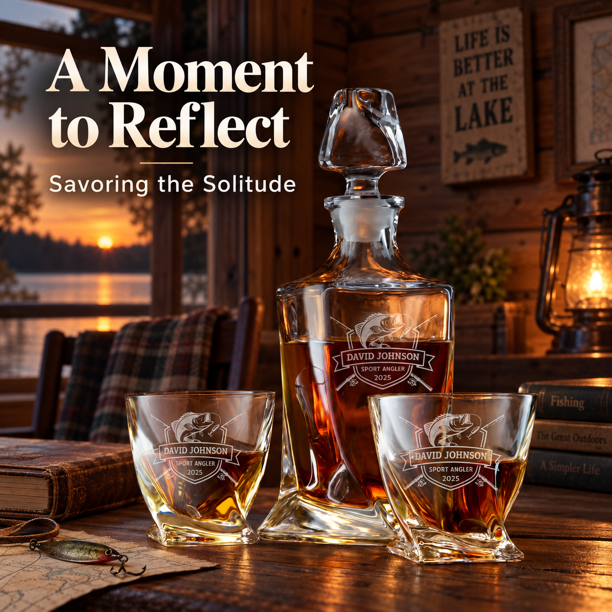 Gift for Fishermen – Twisted Decanter Set with 2 Glasses, 6 Whiskey Bullets & Wooden Box – image 18