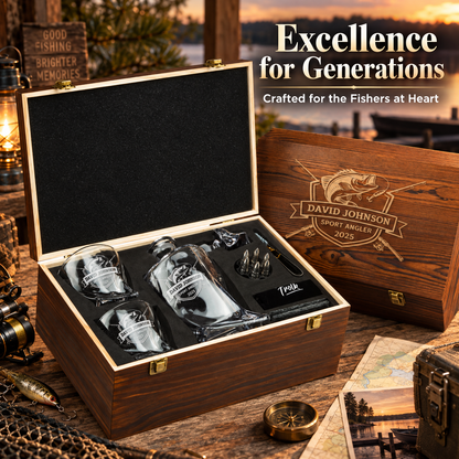 Gift for Fishermen – Twisted Decanter Set with 2 Glasses, 6 Whiskey Bullets & Wooden Box – image 20