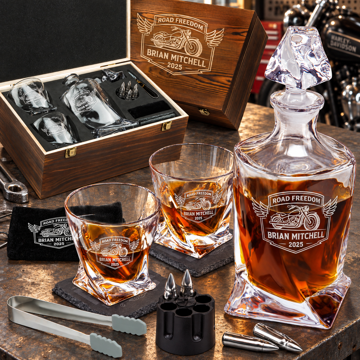 Gift for Car & Motorcycle Enthusiasts – Twisted Decanter Set with 2 Glasses, 6 Whiskey Bullets & Wooden Box product image