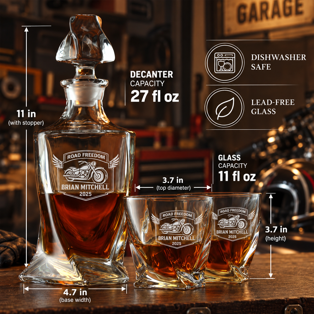 Gift for Car & Motorcycle Enthusiasts – Twisted Decanter Set with 2 Glasses, 6 Whiskey Bullets & Wooden Box product image