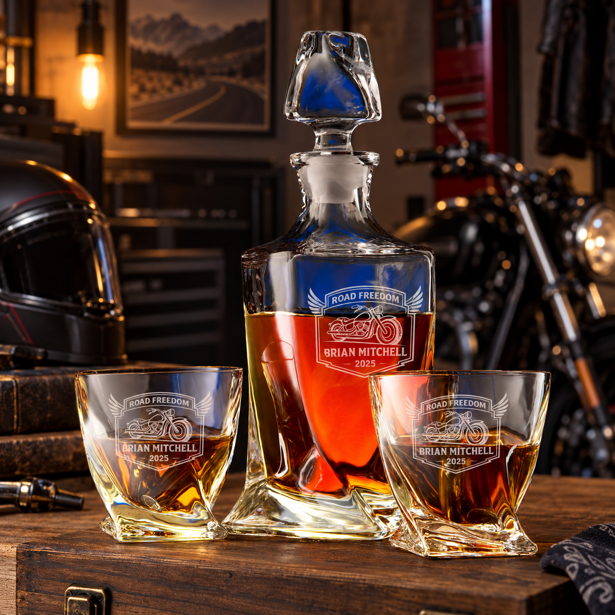 Gift for Car & Motorcycle Enthusiasts – Twisted Decanter Set with 2 Glasses, 6 Whiskey Bullets & Wooden Box – image 06