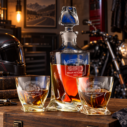 Gift for Car & Motorcycle Enthusiasts – Twisted Decanter Set with 2 Glasses, 6 Whiskey Bullets & Wooden Box – image 06