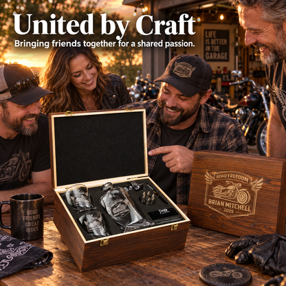 Gift for Car & Motorcycle Enthusiasts – Twisted Decanter Set with 2 Glasses, 6 Whiskey Bullets & Wooden Box – image 07