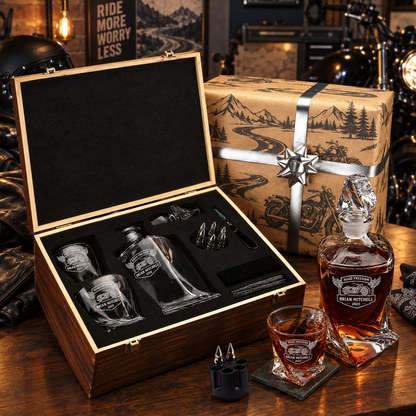 Gift for Car & Motorcycle Enthusiasts – Twisted Decanter Set with 2 Glasses, 6 Whiskey Bullets & Wooden Box – image 08