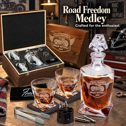 Gift for Car & Motorcycle Enthusiasts – Twisted Decanter Set with 2 Glasses, 6 Whiskey Bullets & Wooden Box – image 12