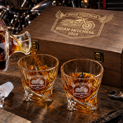 Gift for Car & Motorcycle Enthusiasts – Twisted Decanter Set with 2 Glasses, 6 Whiskey Bullets & Wooden Box – image 14